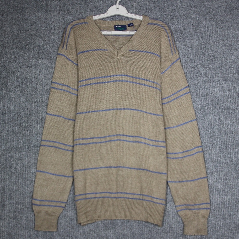 Arrow Blazer Collection Mens XL V Neck Long Sleeve Striped Sweater Beige Acrylic